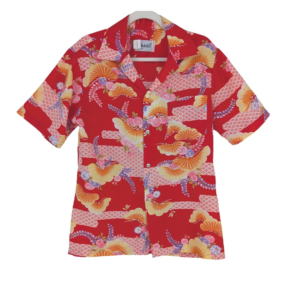 Vintage Pomare Hawaii Aloha Shirt Mens M Red Floral Fan Tropical Resort Vacation
